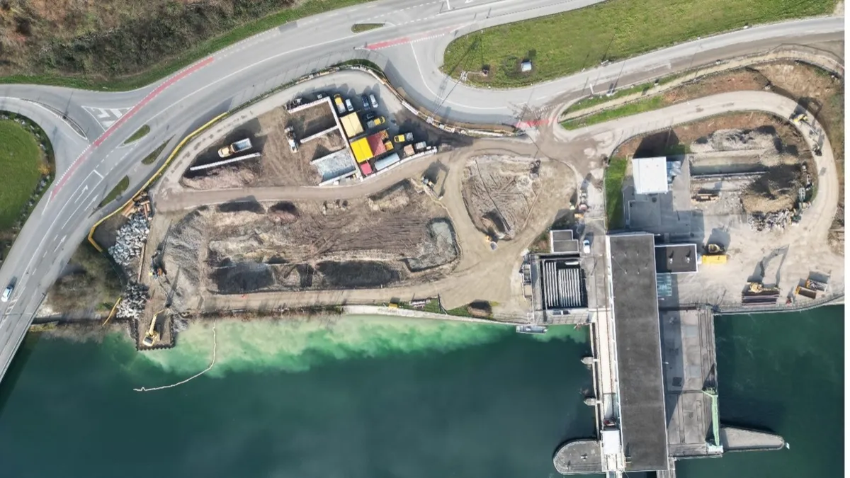 Drohnenaufnahme der Baustelle am Wasserkraftwerk der Alpiq in Flumenthal Kt. Solothurn. Bildquelle: Ingenieurbüro Dr.-Ing. R.-J. Gebler GmbH